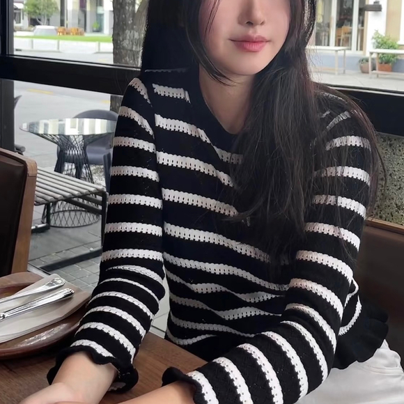 Black and White Two-Tone Striped Crochet Pullover with Ruffle Details - Picture 2 of 9